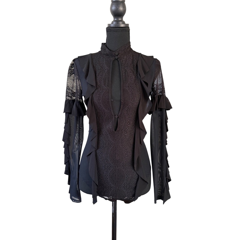 For Love & Lemons Lace Ruffle Keyhole Long Sleeve Bodysuit Size S Whimsigoth